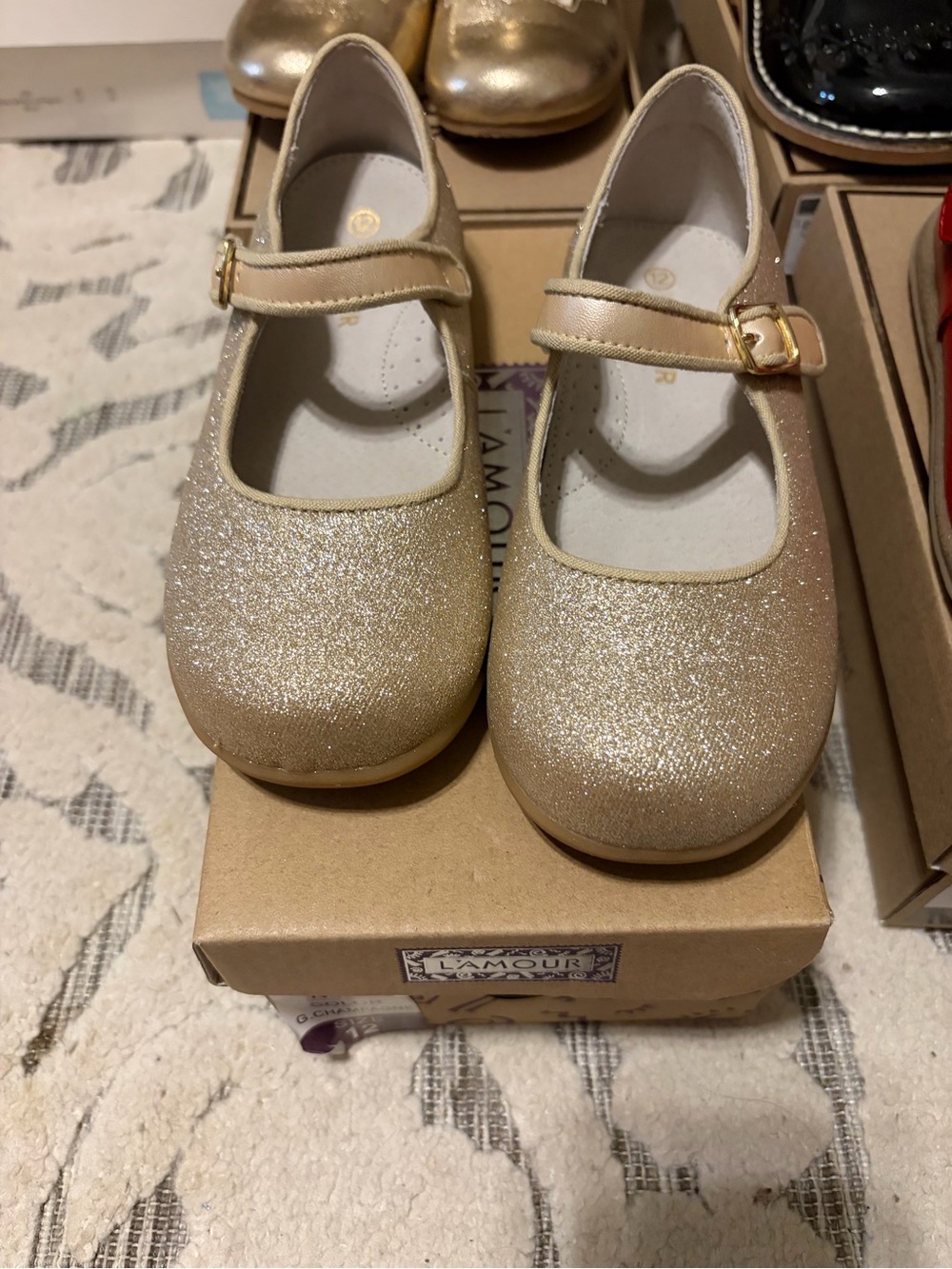 L'Amour Kids Glitter Mary Jane Dress Shoes in Gold